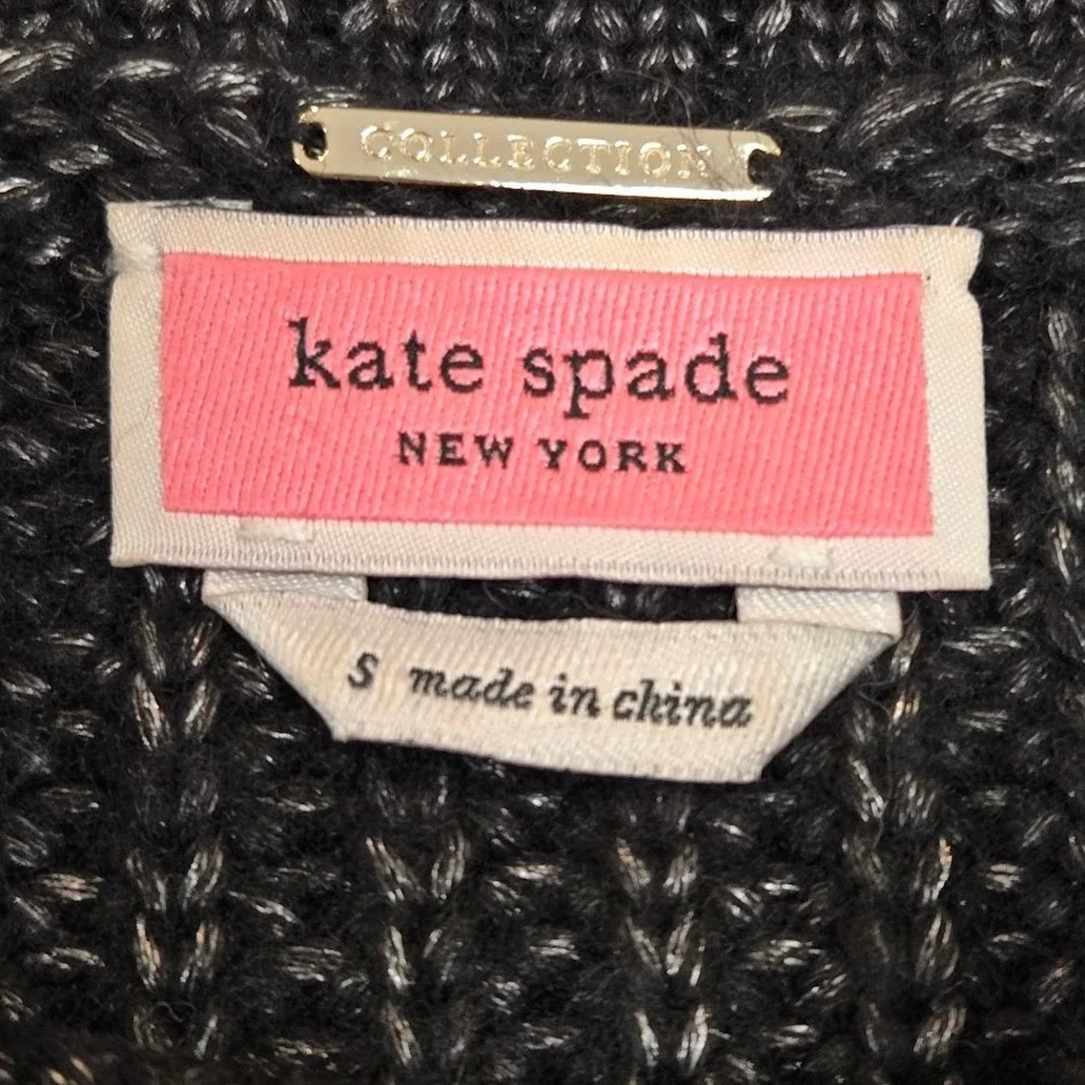 Kate Spade Lurex Puff‎ Sleeve Sweater Size SMALL Charcoal Gray Chunky Rib Knit